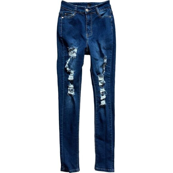Womens Fashion Nova Bob Dark Rinse Distressed Skinny Jeans - Sz 5 / 6 - Picture 1 of 3